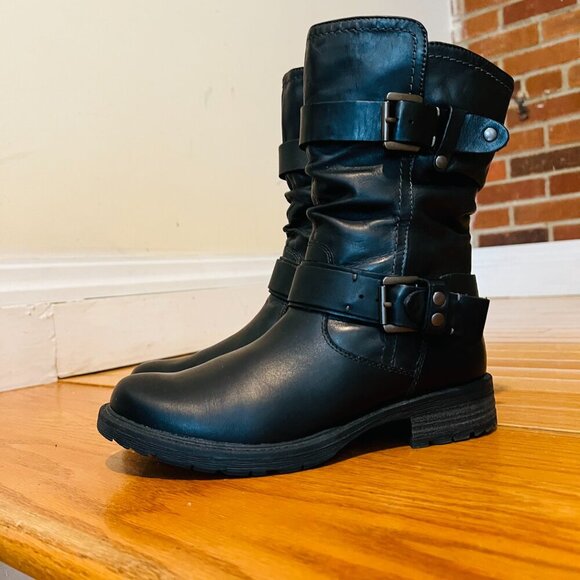 EARTH Women's Everwood Boots 7B Black Leather Mid-Calf Side Zipper Biker Moto - Picture 15 of 16